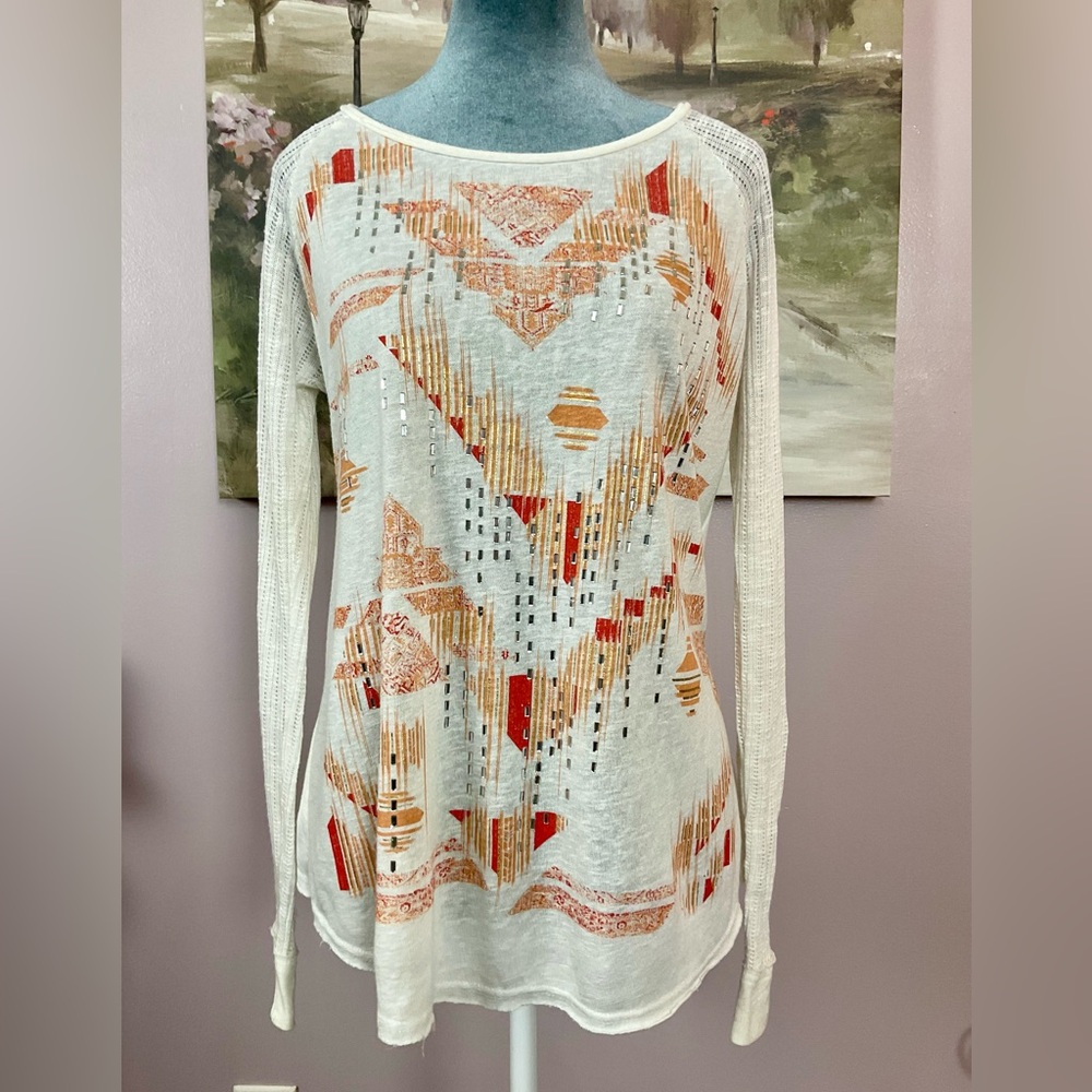 MISS ME Cream and Orange Long Sleeve Blouse. NWOT.
